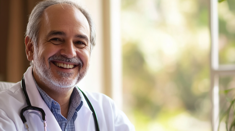 Un médecin âgé souriant avec une blouse et un stéthoscope autour du cou.