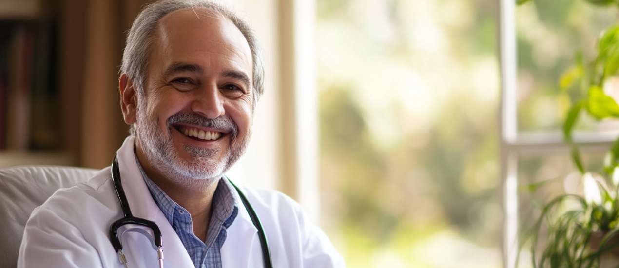 Un médecin âgé souriant avec une blouse et un stéthoscope autour du cou.