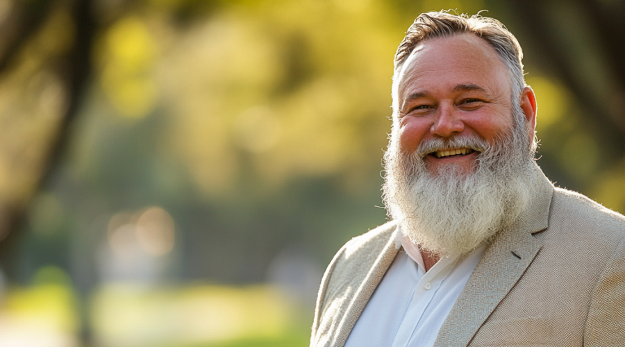 Un urologue rond et barbu souriant en habit costume dans un parc.