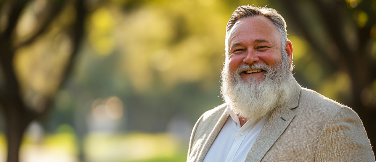 Un urologue rond et barbu souriant en habit costume dans un parc.