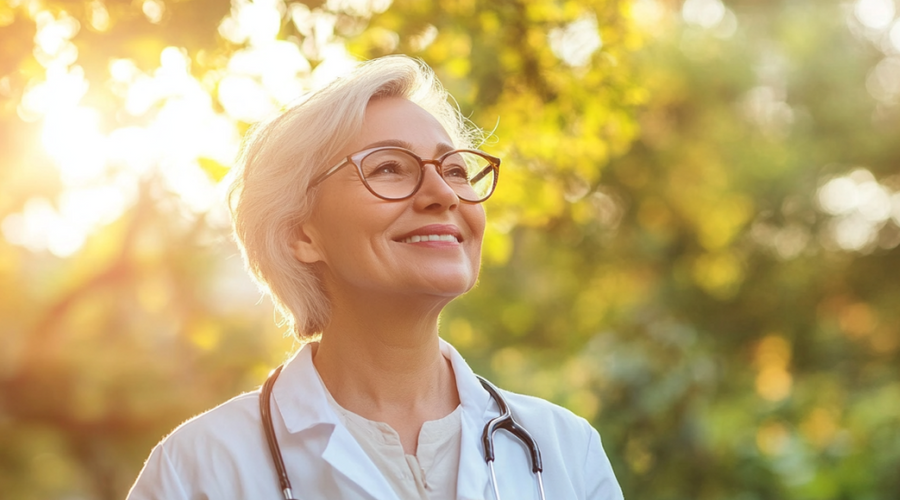 Une urologue femme portant des lunettes en blouse blanche avec un stéthoscope autour du cou dans un parc et souriante.