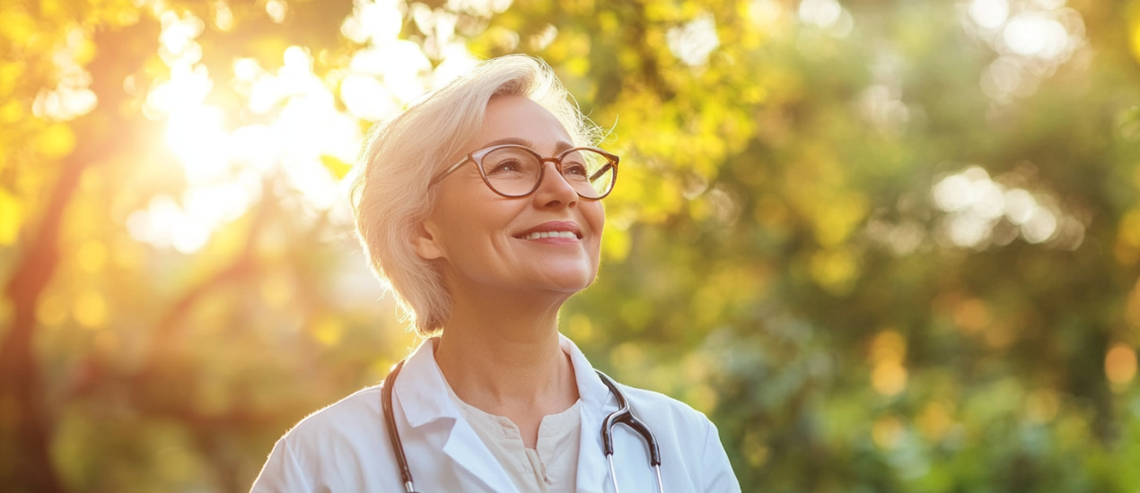 Une urologue femme portant des lunettes en blouse blanche avec un stéthoscope autour du cou dans un parc et souriante.