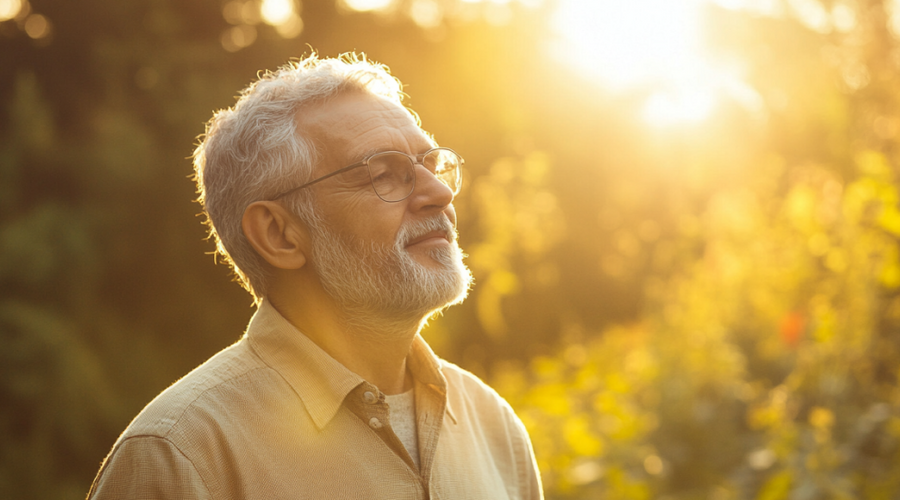 Un urologue spécialisé dans la maladie de Lapeyronie barbu et âgé calme dans la nature avec du soleil