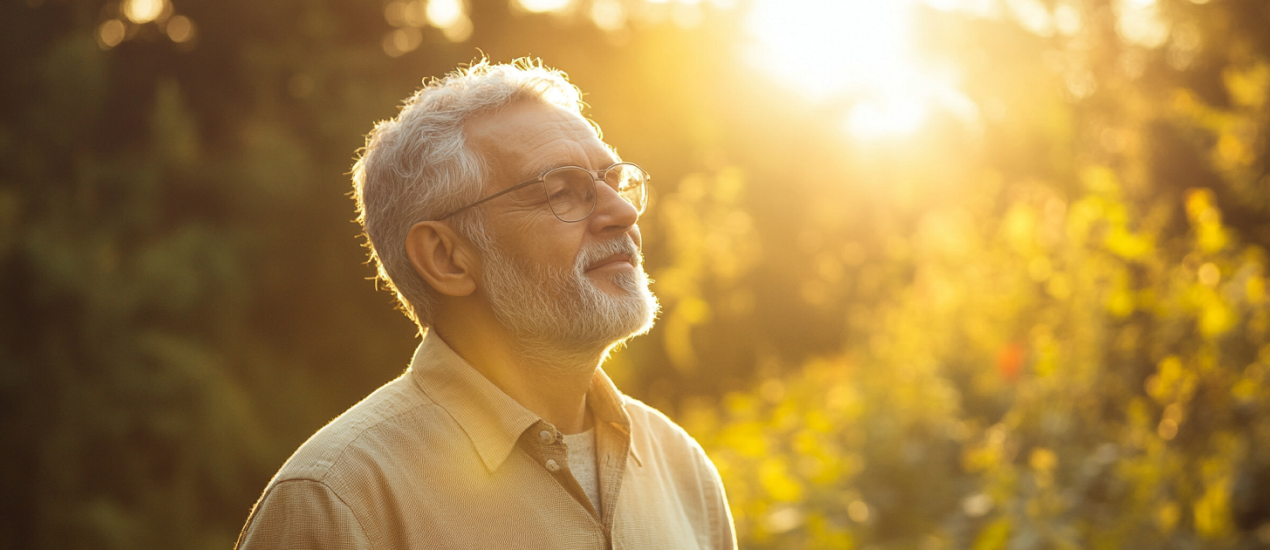 Un urologue spécialisé dans la maladie de Lapeyronie barbu et âgé calme dans la nature avec du soleil